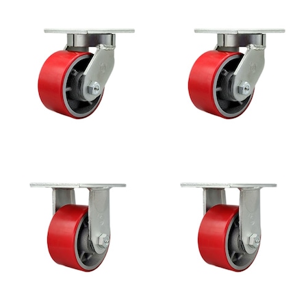 Service Caster 6'' Heavy Duty Red Poly on Cast Iron Wheel Caster Set 2 Swivel 2 Rigid, 4PK CRAN-SCC-KP92S630-PUR-RS-2-R-2